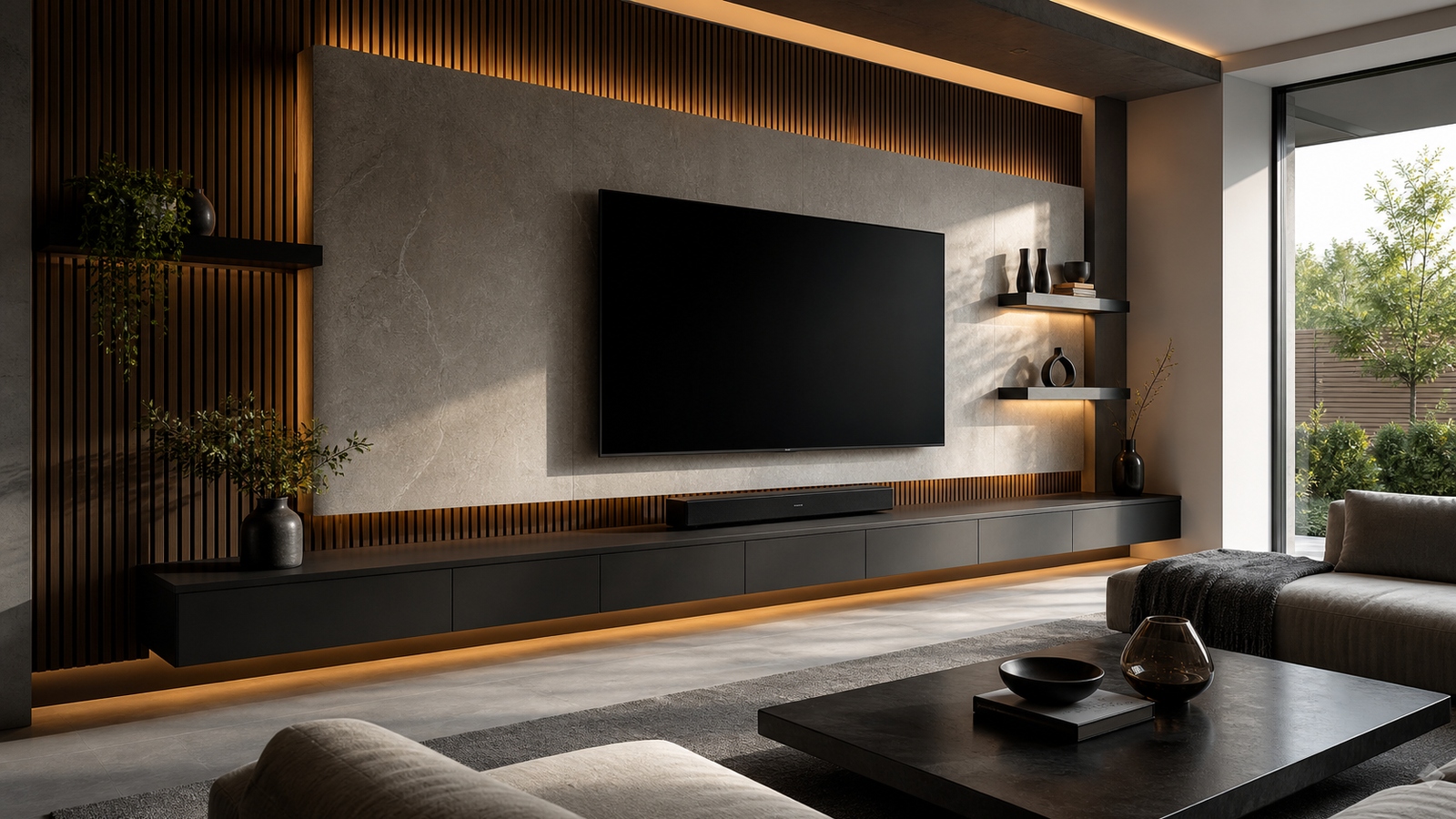 Modern floating media wall with suspended cabinetry, wall mounted display, shelves, and clean architectural lines
