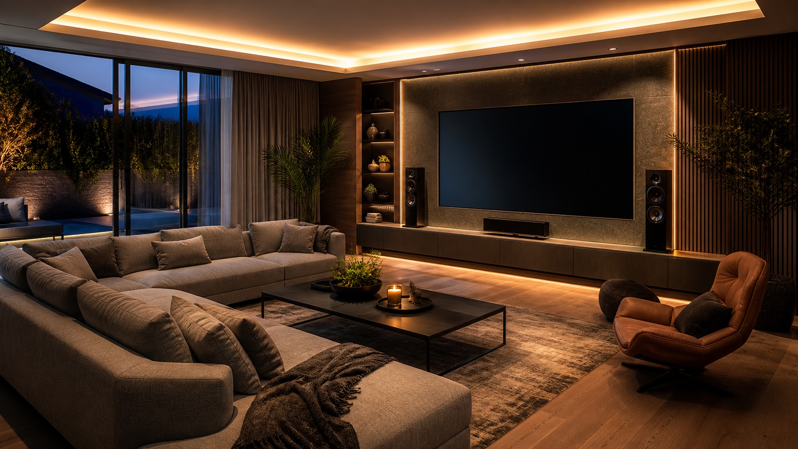 Modern living room with integrated home theater display, surround speakers, and warm ambient lighting