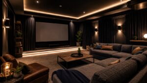 Elegant budget-friendly home theater with dark walls, soft seating, large screen, and warm accent lighting