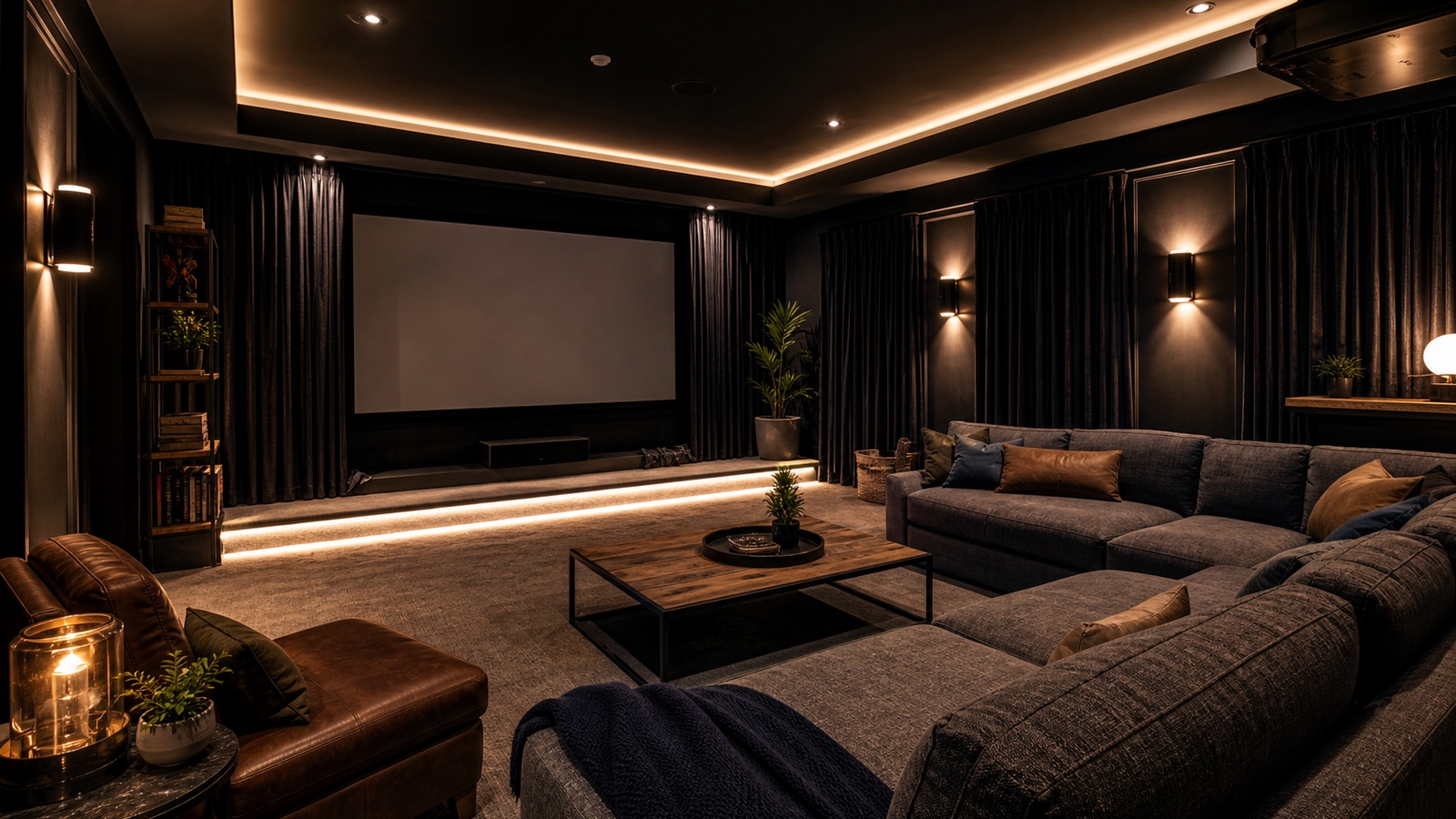 Elegant budget-friendly home theater with dark walls, soft seating, large screen, and warm accent lighting