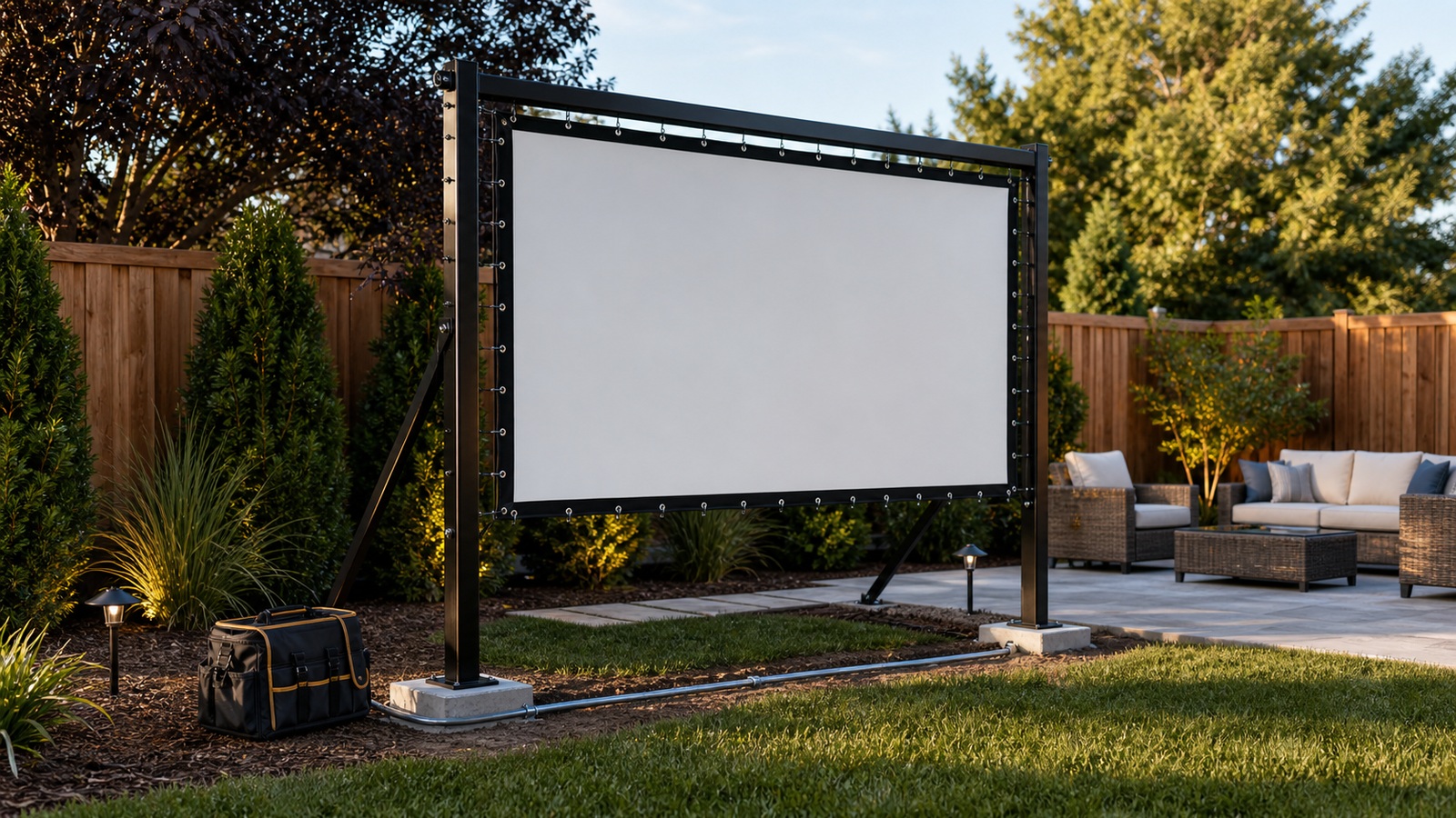 Backyard movie screen frame installed on lawn with level supports, tidy cabling, patio seating, and landscape lighting
