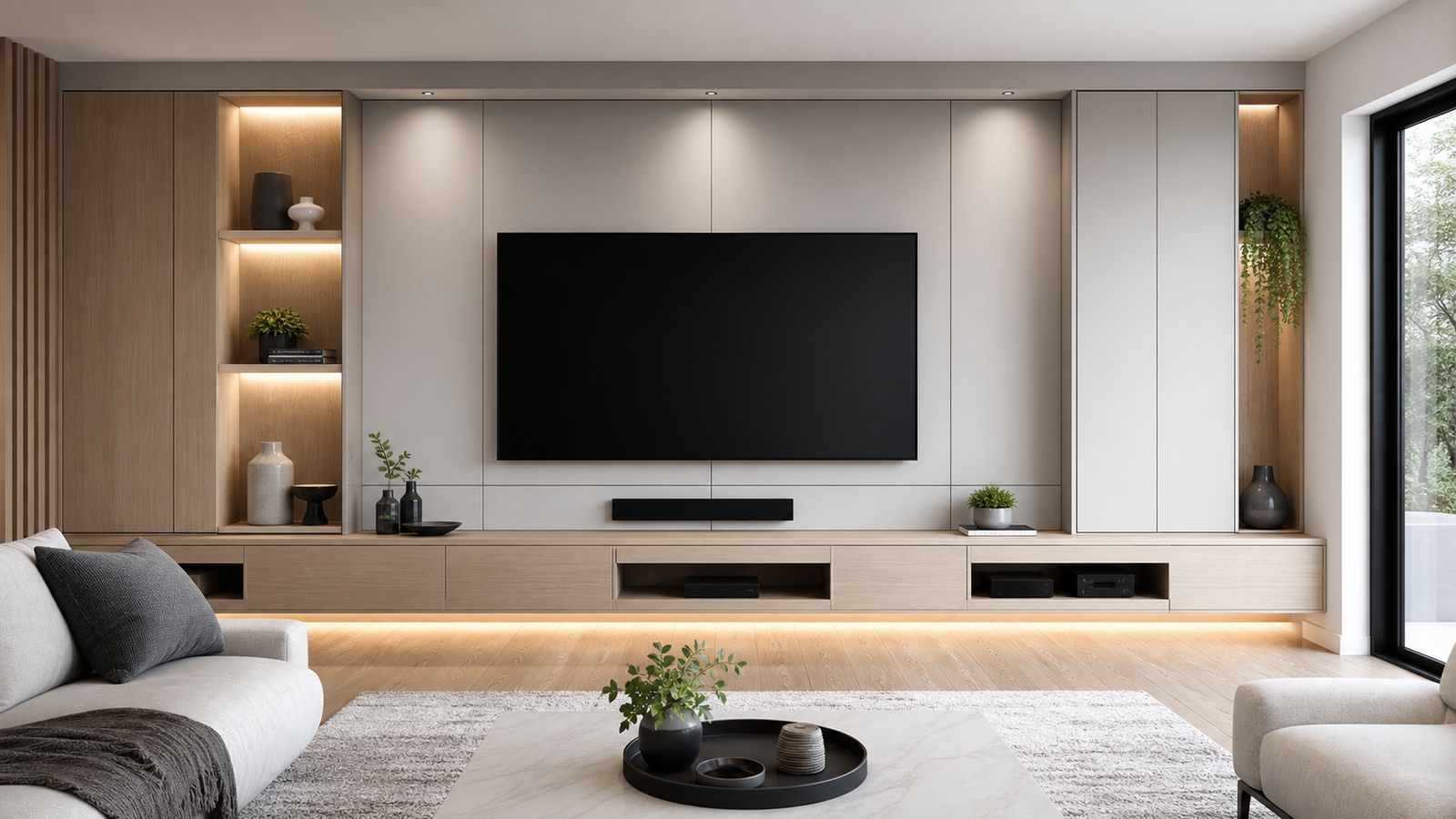 Sleek media wall with concealed storage, floating shelves, integrated lighting, and wall mounted display