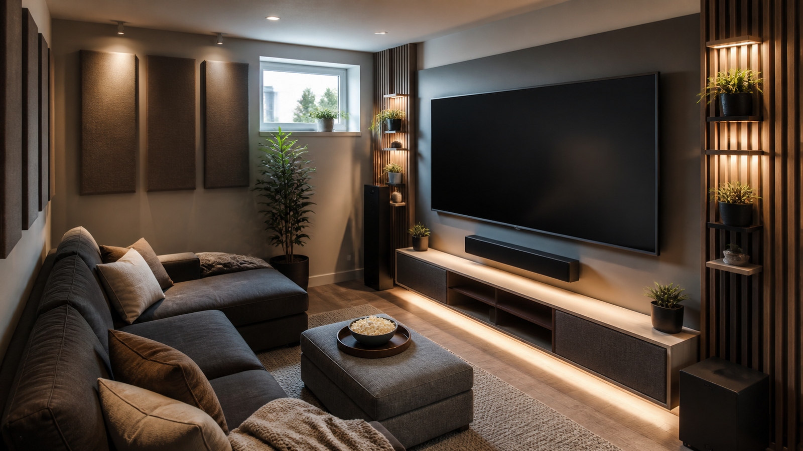 Compact home theater room with wall mounted display, slim audio, acoustic panels, and cozy seating