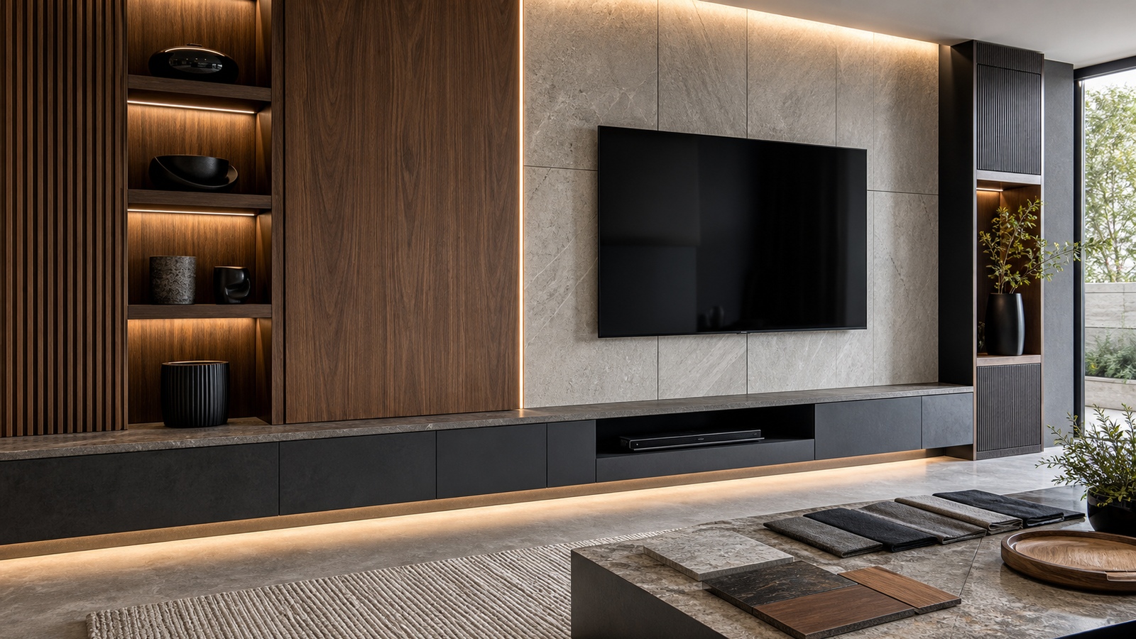 Media wall with wood veneer, stone-look panels, matte trim, and durable built-in cabinetry