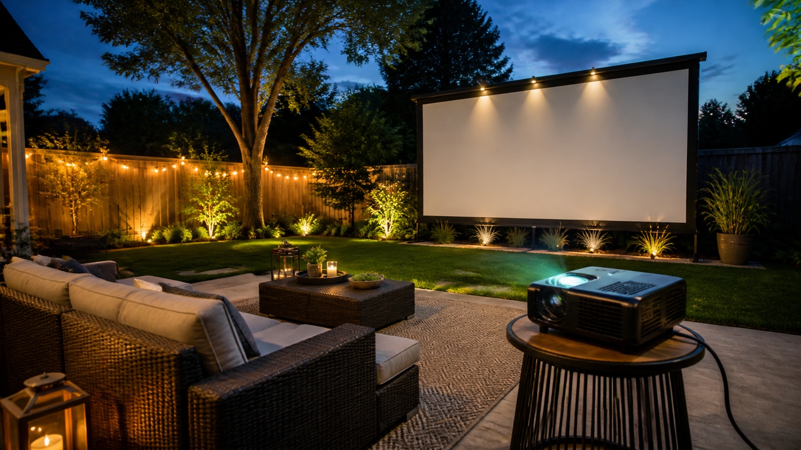 Backyard projector setup at twilight with outdoor screen, projector table, seating, and garden lighting