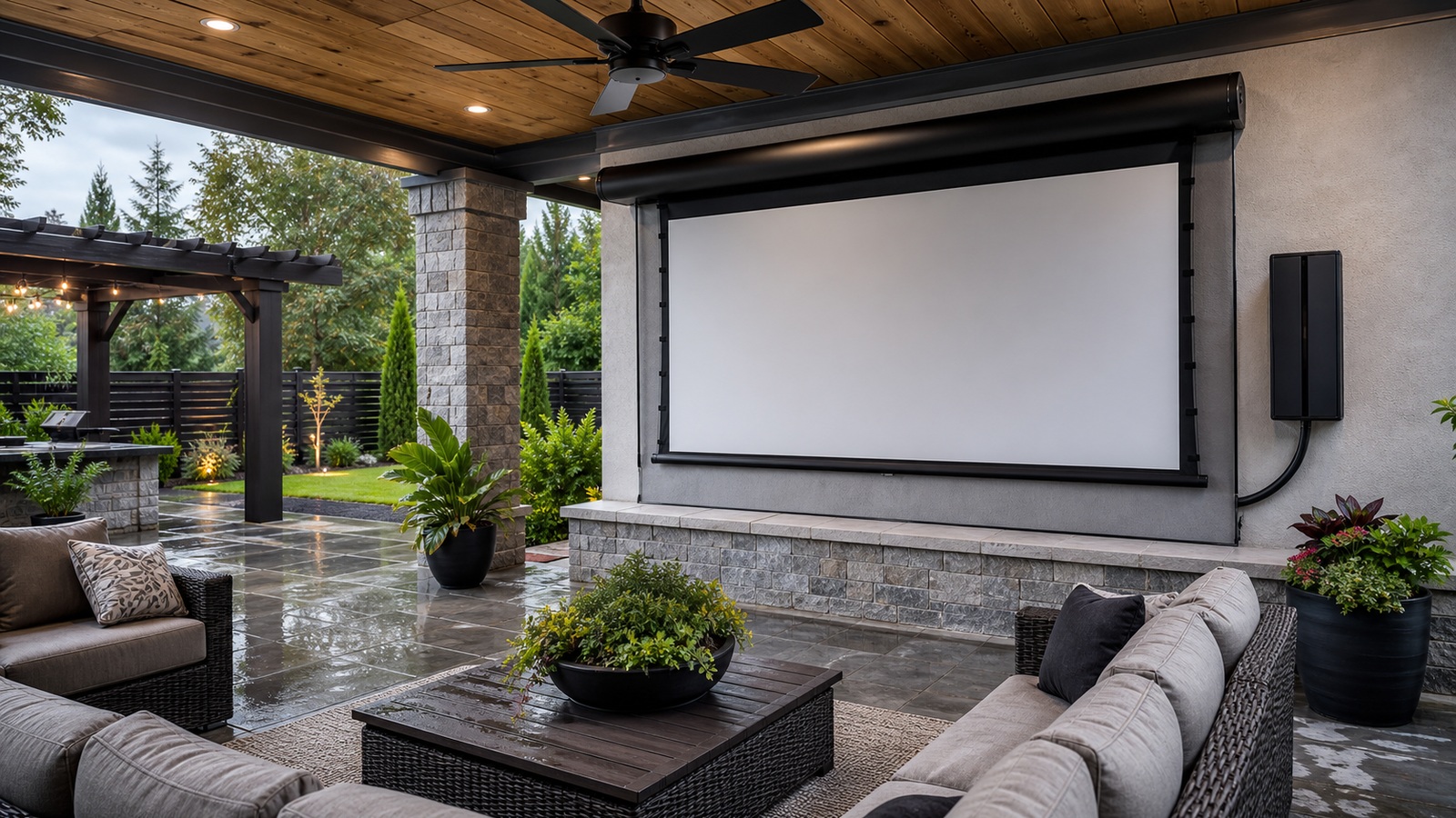 Covered patio with outdoor rated screen, sealed cabling, weather resistant enclosure, and durable seating