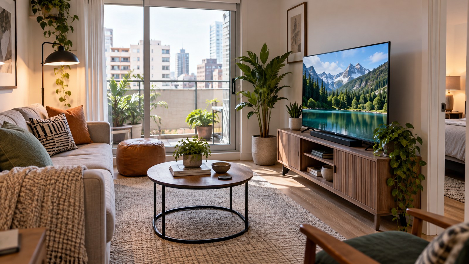 Best 55-Inch LED TVs for Small Living Rooms shown as a realistic home TV setup