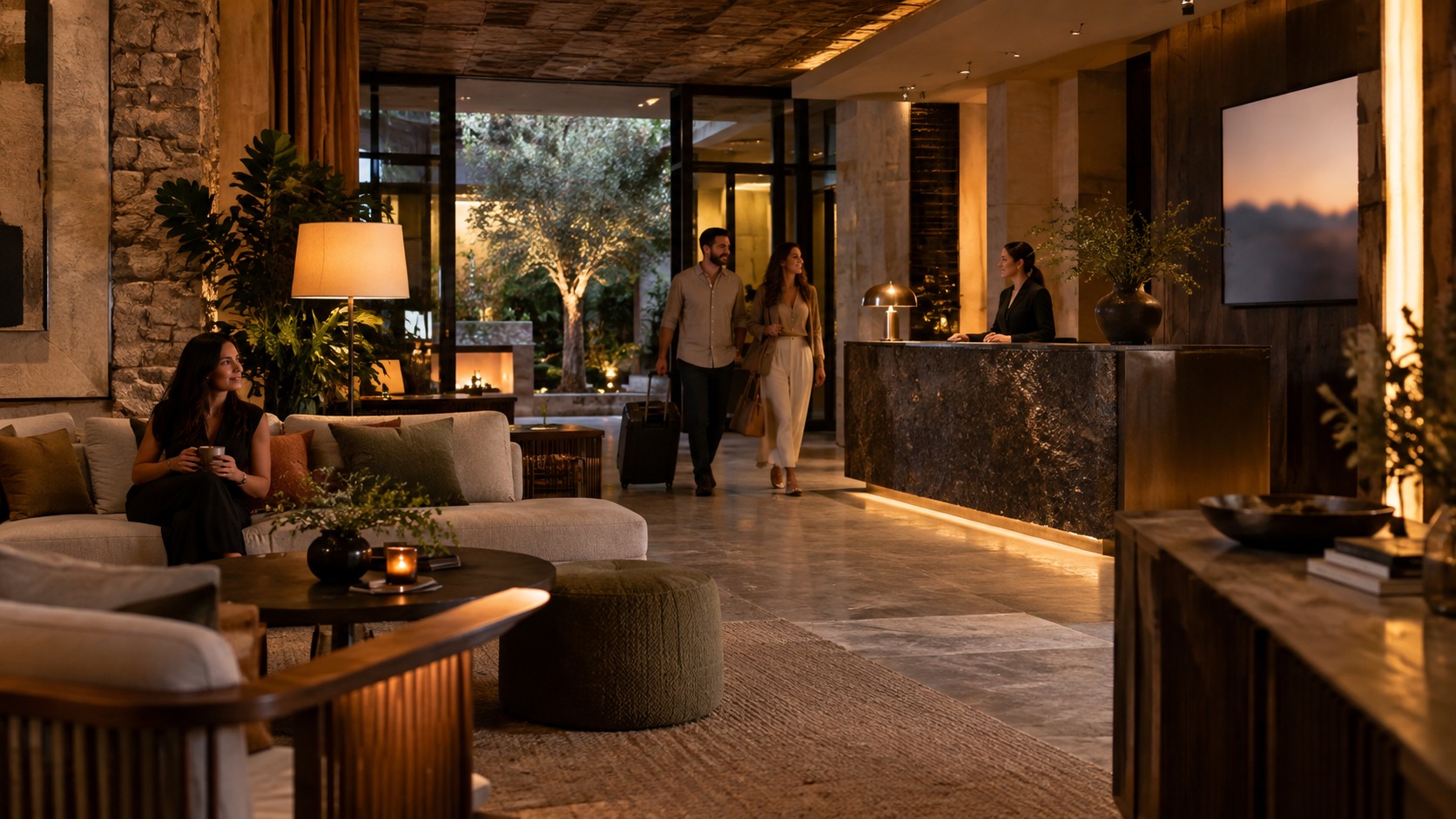 Warm boutique hotel lobby with layered lighting, lounge seating, and a discreet screen near reception