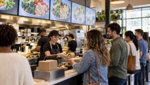 Busy cafe counter with staff serving customers beneath non-readable digital menu boards