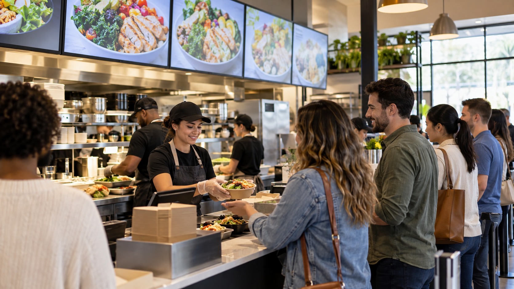 Busy cafe counter with staff serving customers beneath non-readable digital menu boards