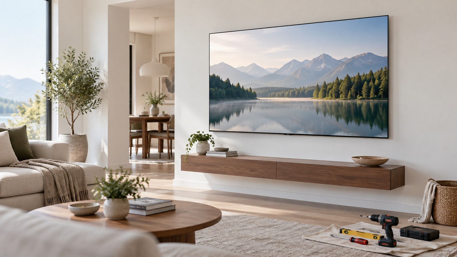 OLED TV Wall Mounting Tips for a Clean Look shown as a realistic home TV setup