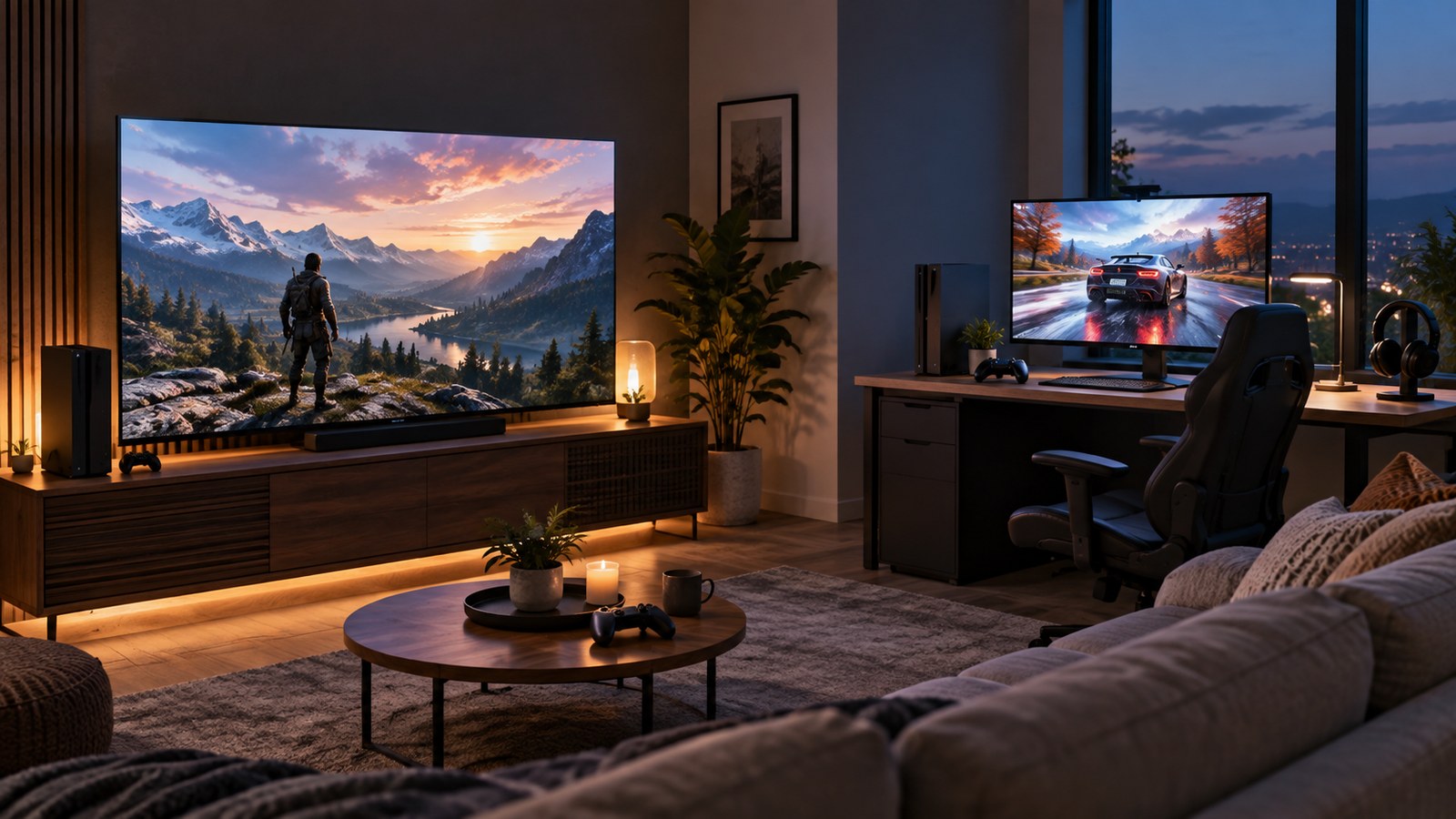 OLED vs Gaming Monitor: Which Is Better for Console Play? shown as a realistic home TV setup