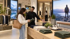 Retail associate helping a shopper near large non-readable display screens in a modern store
