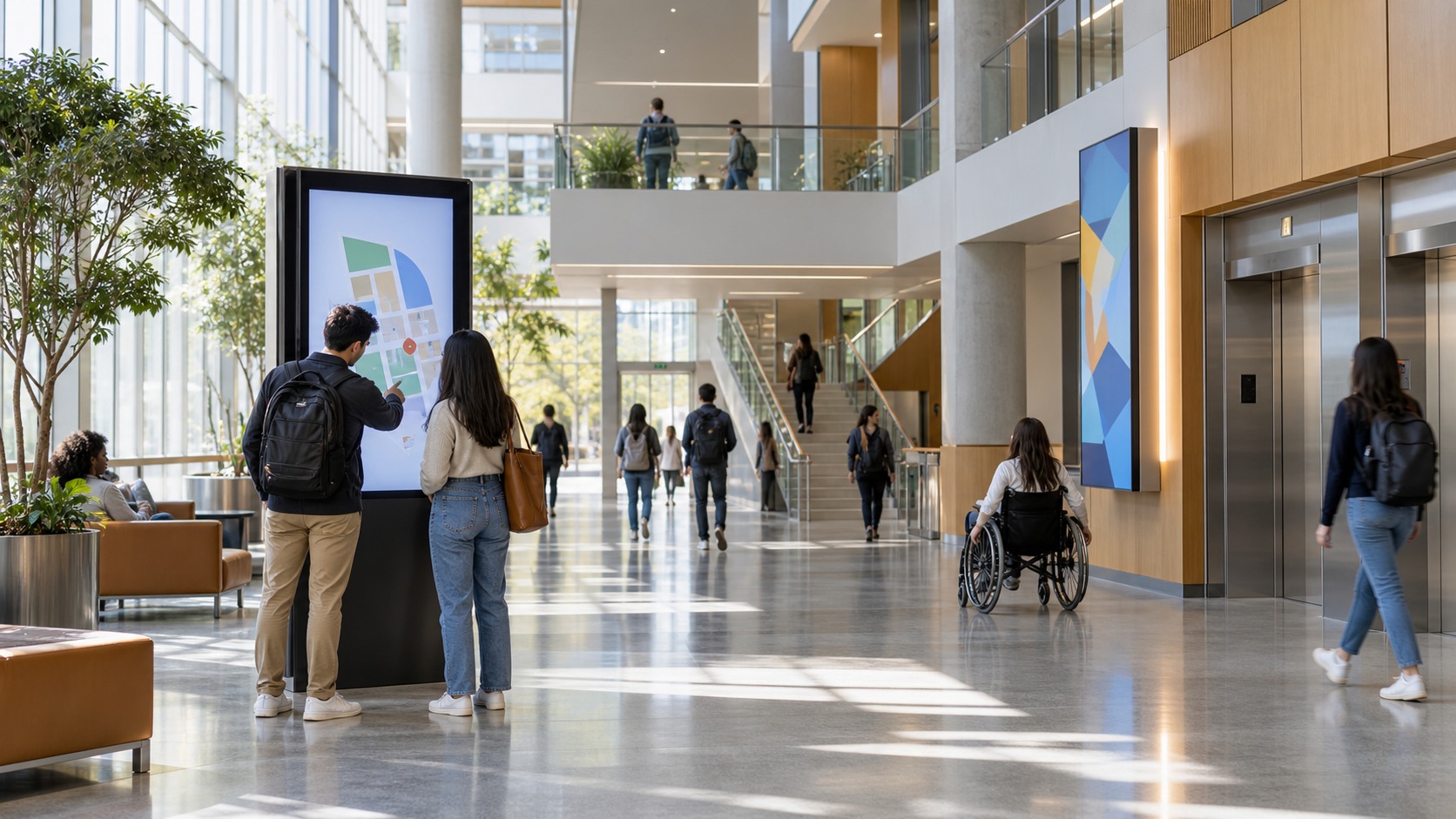 Visitors using smart wayfinding screens in a bright public building atrium