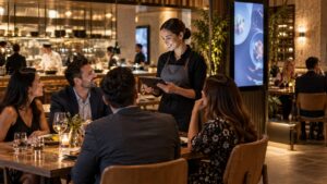Restaurant staff using a tablet near guests with soft-glowing interactive displays in the dining room