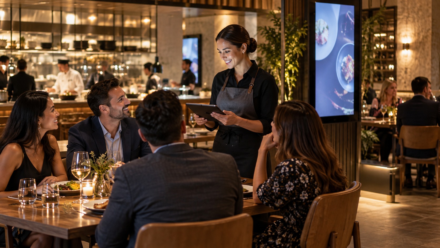 Restaurant staff using a tablet near guests with soft-glowing interactive displays in the dining room